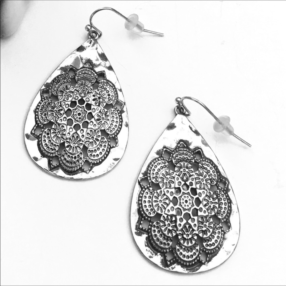 Boho silver flower teardrop earrings
